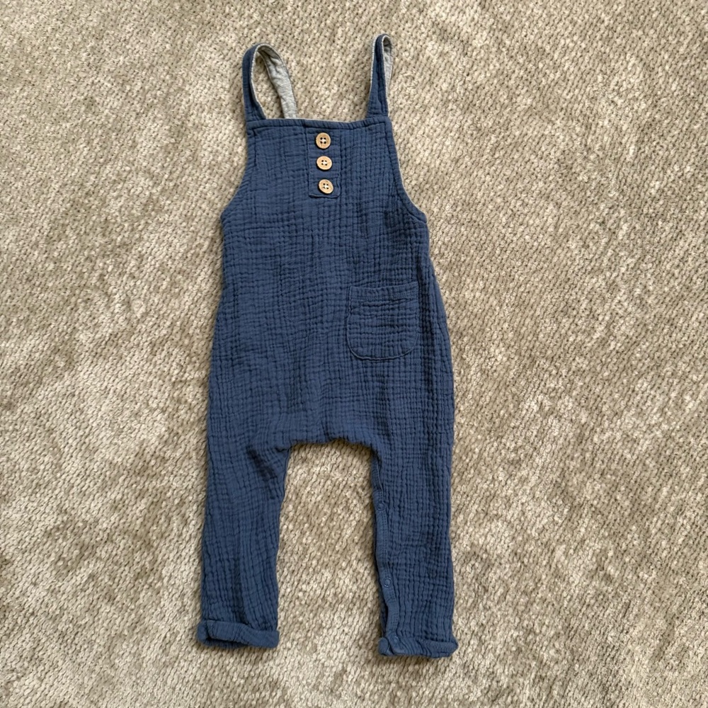 Mud Pie Baby Muslin Overalls 9–12M Blue Cotton Gauze Button Strap Romper‎